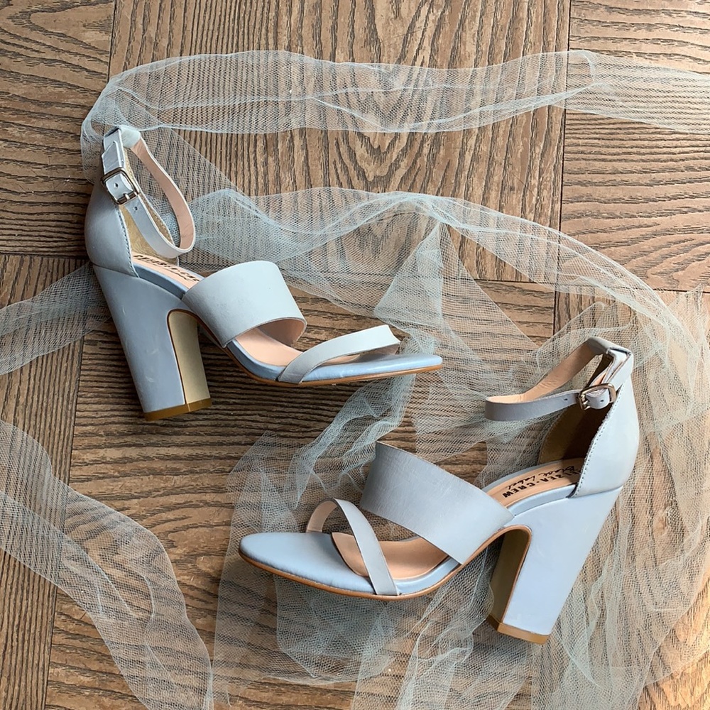 OLLIE Baby blue Leather Block Heel strappy Sandals.